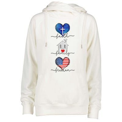 Faith Family Freedom Hearts  4th of July Patriotic Flag  Womens Funnel Neck Pullover Hood