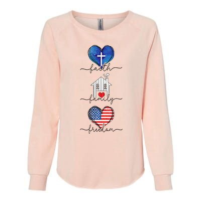 Faith Family Freedom Hearts  4th of July Patriotic Flag  Womens California Wash Sweatshirt