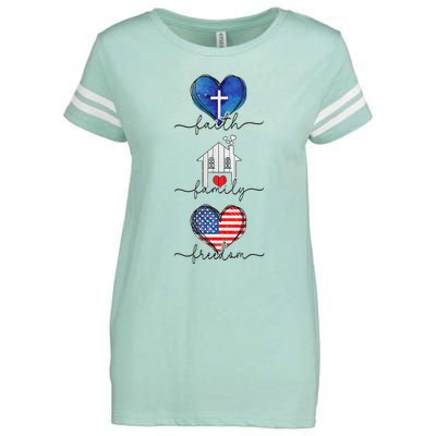 Faith Family Freedom Hearts  4th of July Patriotic Flag  Enza Ladies Jersey Football T-Shirt