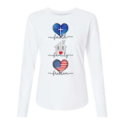 Faith Family Freedom Hearts  4th of July Patriotic Flag  Womens Cotton Relaxed Long Sleeve T-Shirt