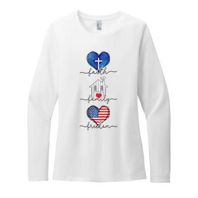 Faith Family Freedom Hearts  4th of July Patriotic Flag  Womens CVC Long Sleeve Shirt