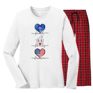 Faith Family Freedom Hearts  4th of July Patriotic Flag  Women's Long Sleeve Flannel Pajama Set 