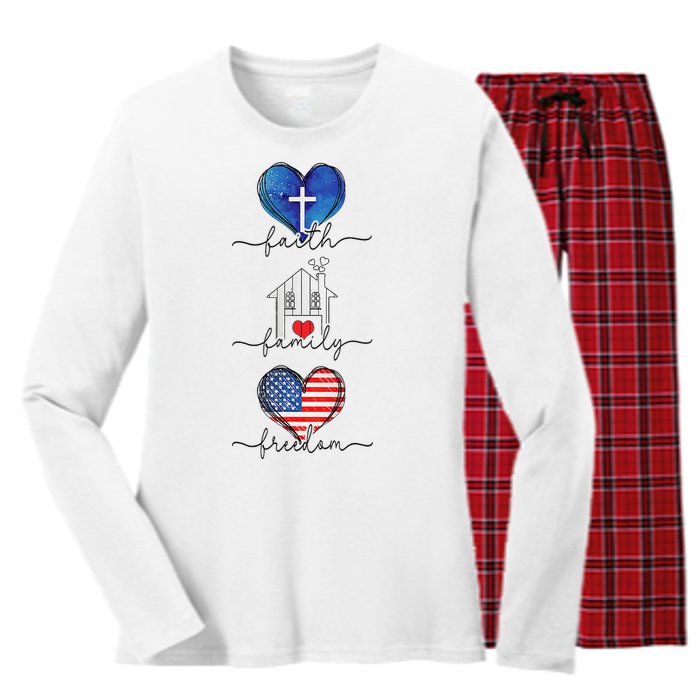 Faith Family Freedom Hearts  4th of July Patriotic Flag  Women's Long Sleeve Flannel Pajama Set 