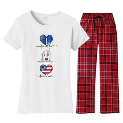 Faith Family Freedom Hearts  4th of July Patriotic Flag  Women's Flannel Pajama Set