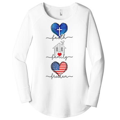 Faith Family Freedom Hearts  4th of July Patriotic Flag  Women's Perfect Tri Tunic Long Sleeve Shirt