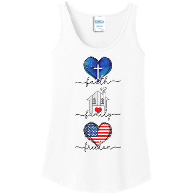 Faith Family Freedom Hearts  4th of July Patriotic Flag  Ladies Essential Tank