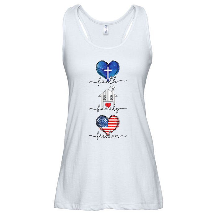 Faith Family Freedom Hearts  4th of July Patriotic Flag  Ladies Essential Flowy Tank