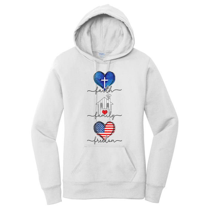 Faith Family Freedom Hearts  4th of July Patriotic Flag  Women's Pullover Hoodie