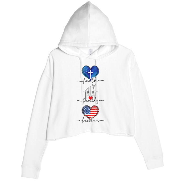 Faith Family Freedom Hearts  4th of July Patriotic Flag  Crop Fleece Hoodie