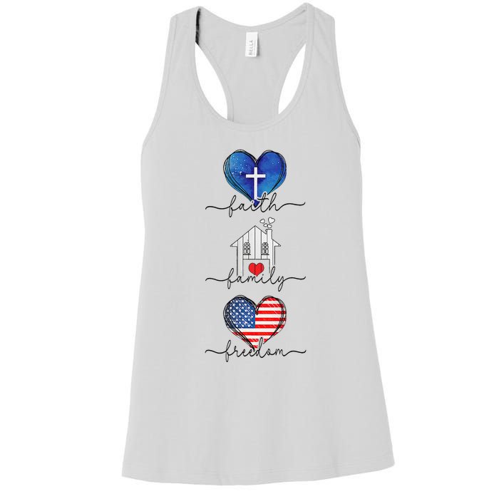 Faith Family Freedom Hearts  4th of July Patriotic Flag  Women's Racerback Tank