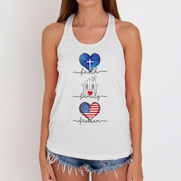 Faith Family Freedom Hearts  4th of July Patriotic Flag  Women's Knotted Racerback Tank