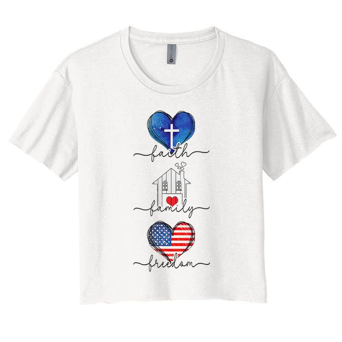 Faith Family Freedom Hearts  4th of July Patriotic Flag  Women's Crop Top Tee