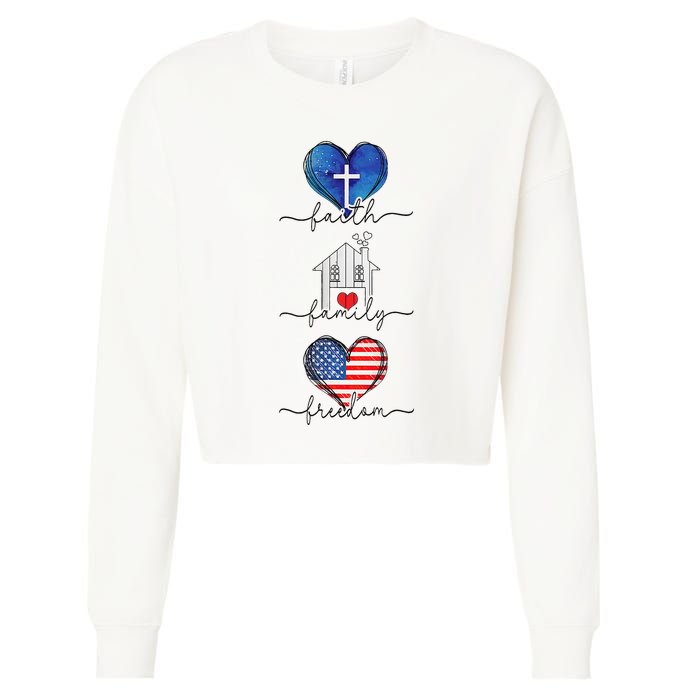 Faith Family Freedom Hearts  4th of July Patriotic Flag  Cropped Pullover Crew