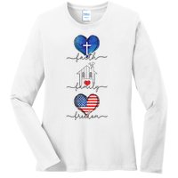 Faith Family Freedom Hearts  4th of July Patriotic Flag  Ladies Long Sleeve Shirt