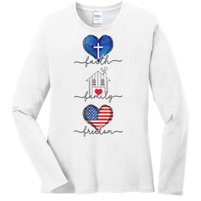 Faith Family Freedom Hearts  4th of July Patriotic Flag  Ladies Long Sleeve Shirt