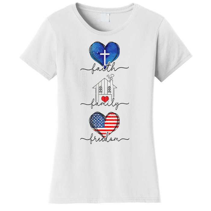 Faith Family Freedom Hearts  4th of July Patriotic Flag  Women's T-Shirt