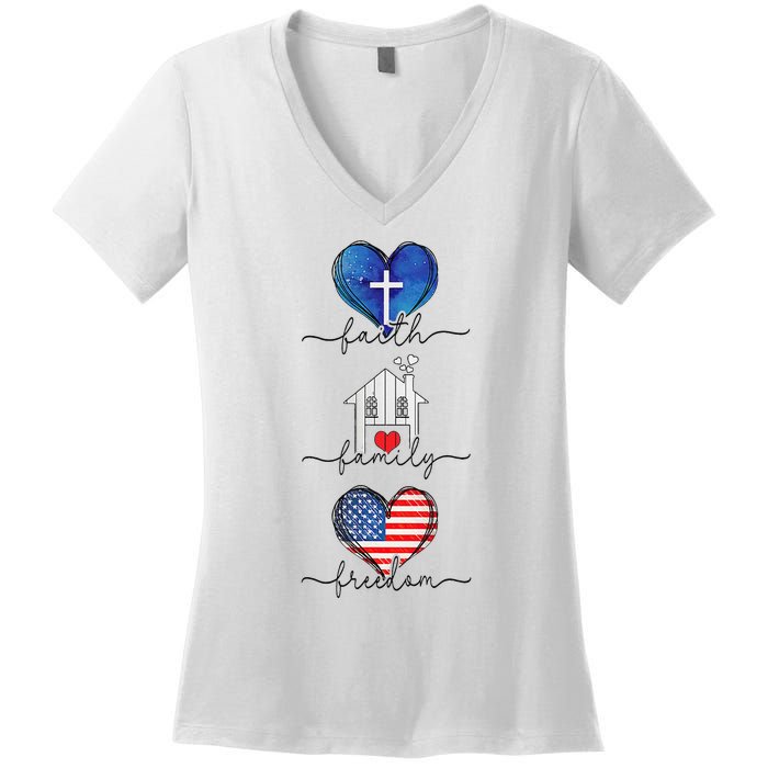 Faith Family Freedom Hearts  4th of July Patriotic Flag  Women's V-Neck T-Shirt