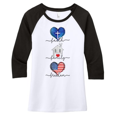 Faith Family Freedom Hearts  4th of July Patriotic Flag  Women's Tri-Blend 3/4-Sleeve Raglan Shirt