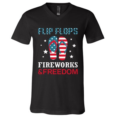 Flip Flops Fireworks And Freedom 4th Of July V-Neck T-Shirt