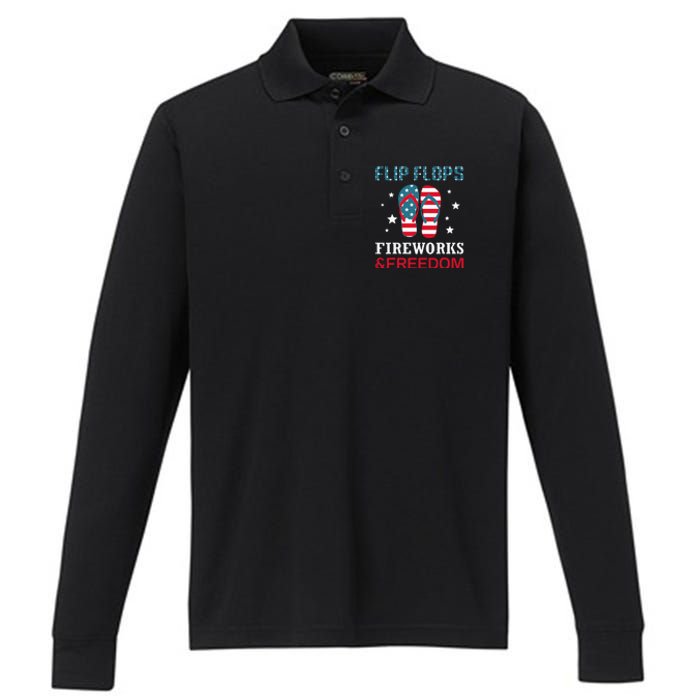 Flip Flops Fireworks And Freedom 4th Of July Performance Long Sleeve Polo