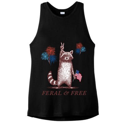 Feral & Free Funny Patriotic Racoon 4th July  Ladies PosiCharge Tri-Blend Wicking Tank