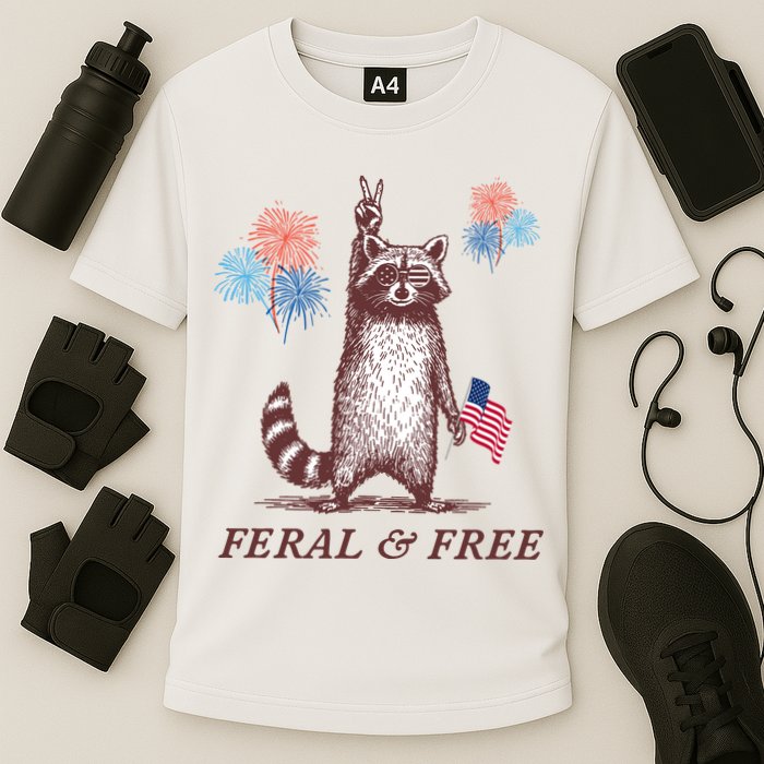 Feral & Free Funny Patriotic Racoon 4th July  Cooling Performance Crew T-Shirt