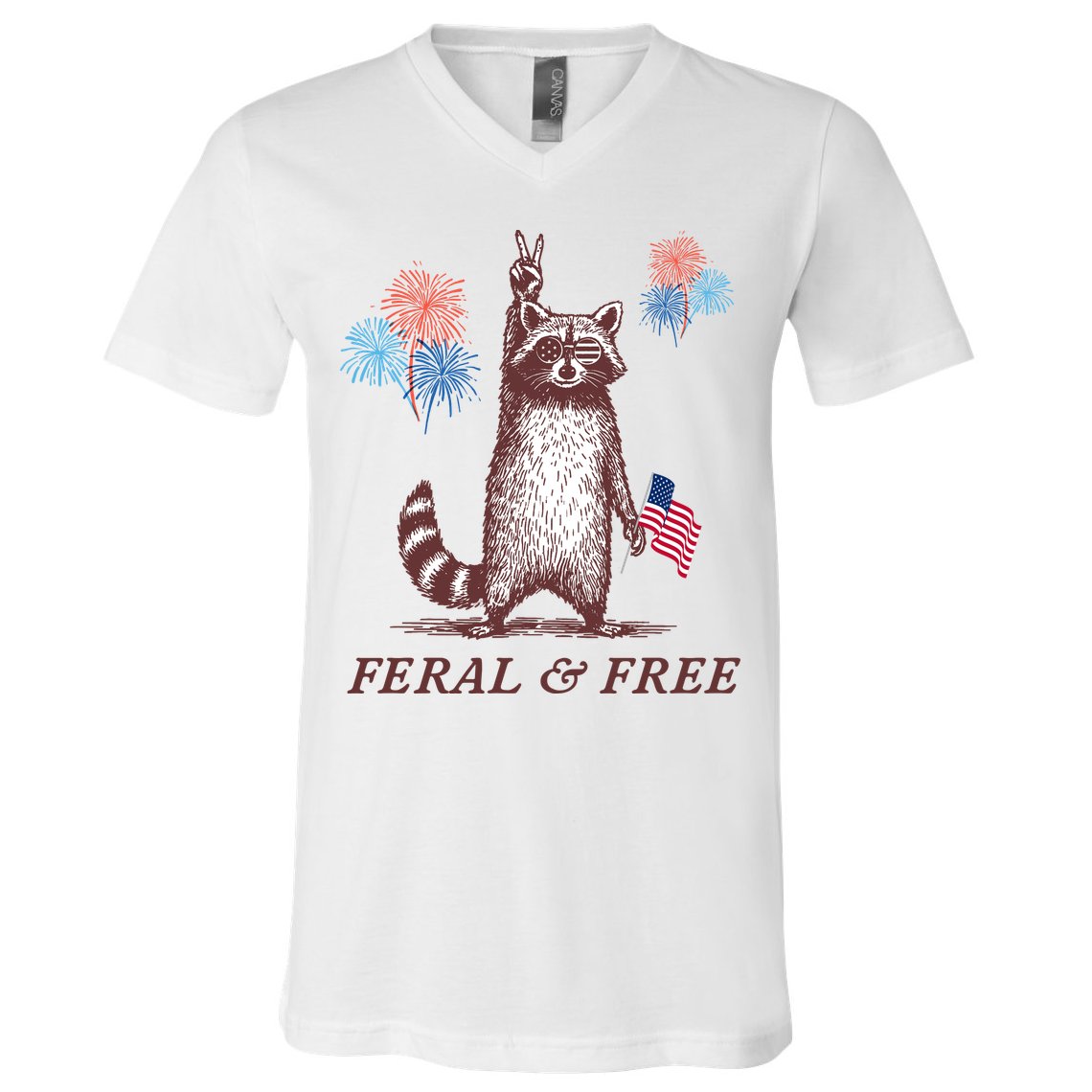 Feral & Free Funny Patriotic Racoon 4th July  V-Neck T-Shirt