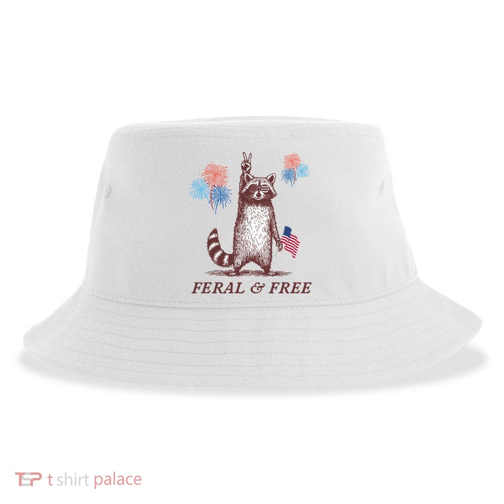 Feral & Free Funny Patriotic Racoon 4th July  Sustainable Bucket Hat