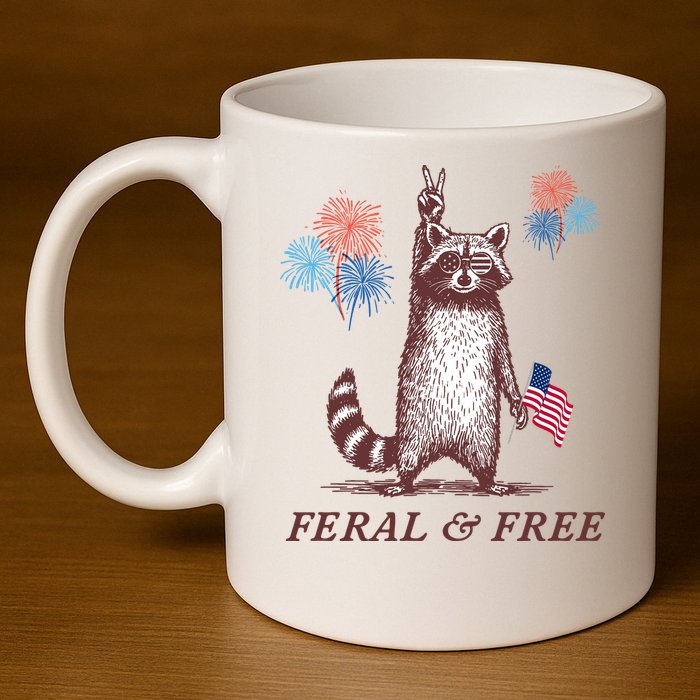Feral & Free Funny Patriotic Racoon 4th July  11oz C Handle Ceramic Mug