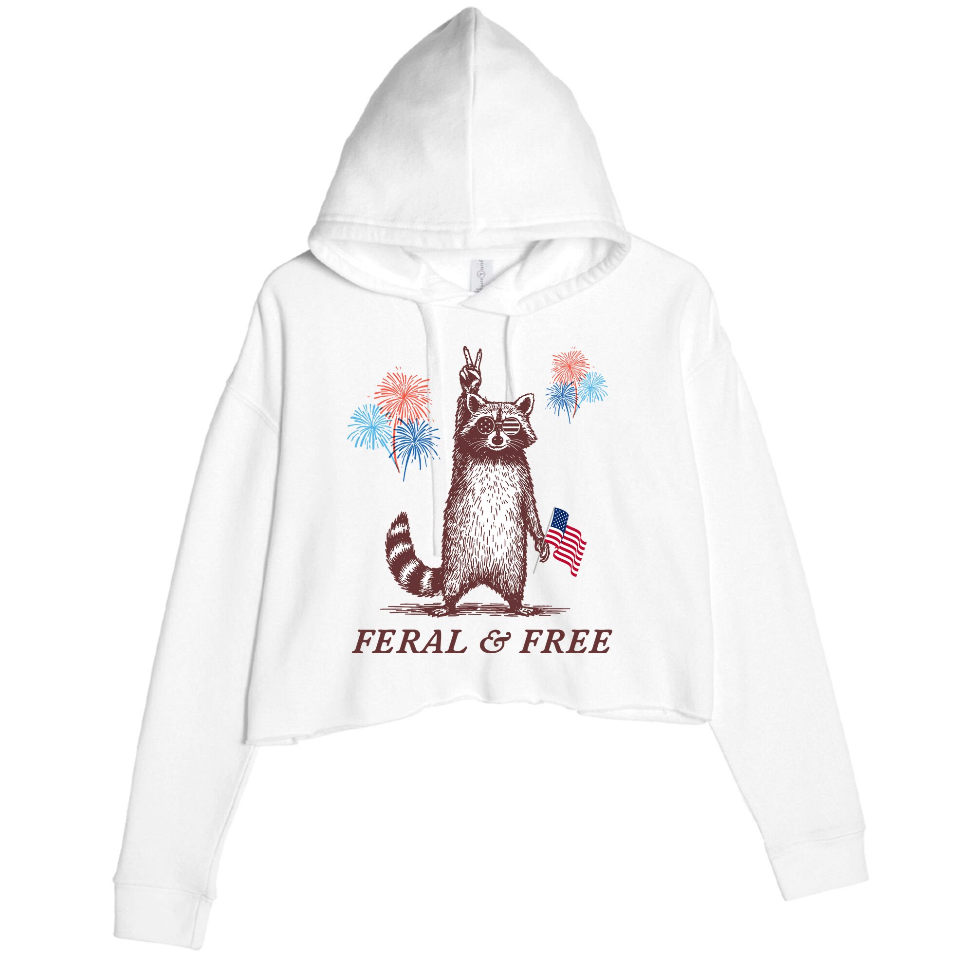 Feral & Free Funny Patriotic Racoon 4th July  Crop Fleece Hoodie