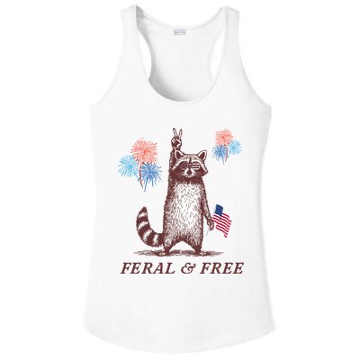 Feral & Free Funny Patriotic Racoon 4th July  Ladies PosiCharge Competitor Racerback Tank