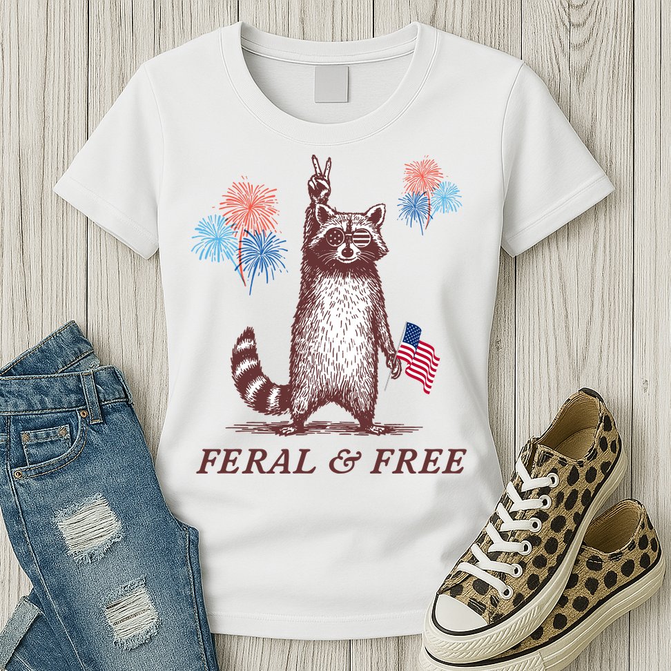 Feral & Free Funny Patriotic Racoon 4th July  Womens T-Shirt