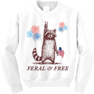 Feral & Free Funny Patriotic Racoon 4th July  Kids Sweatshirt