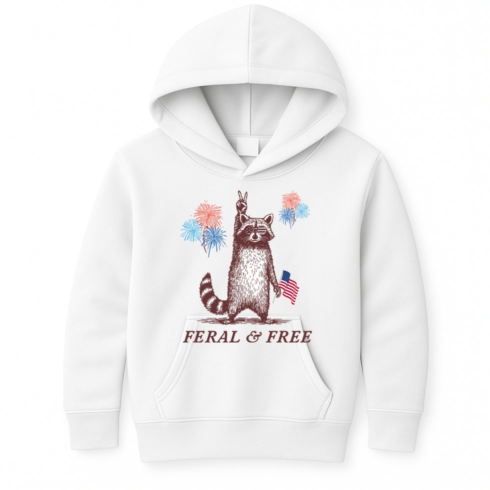 Feral & Free Funny Patriotic Racoon 4th July  Kids Hoodie