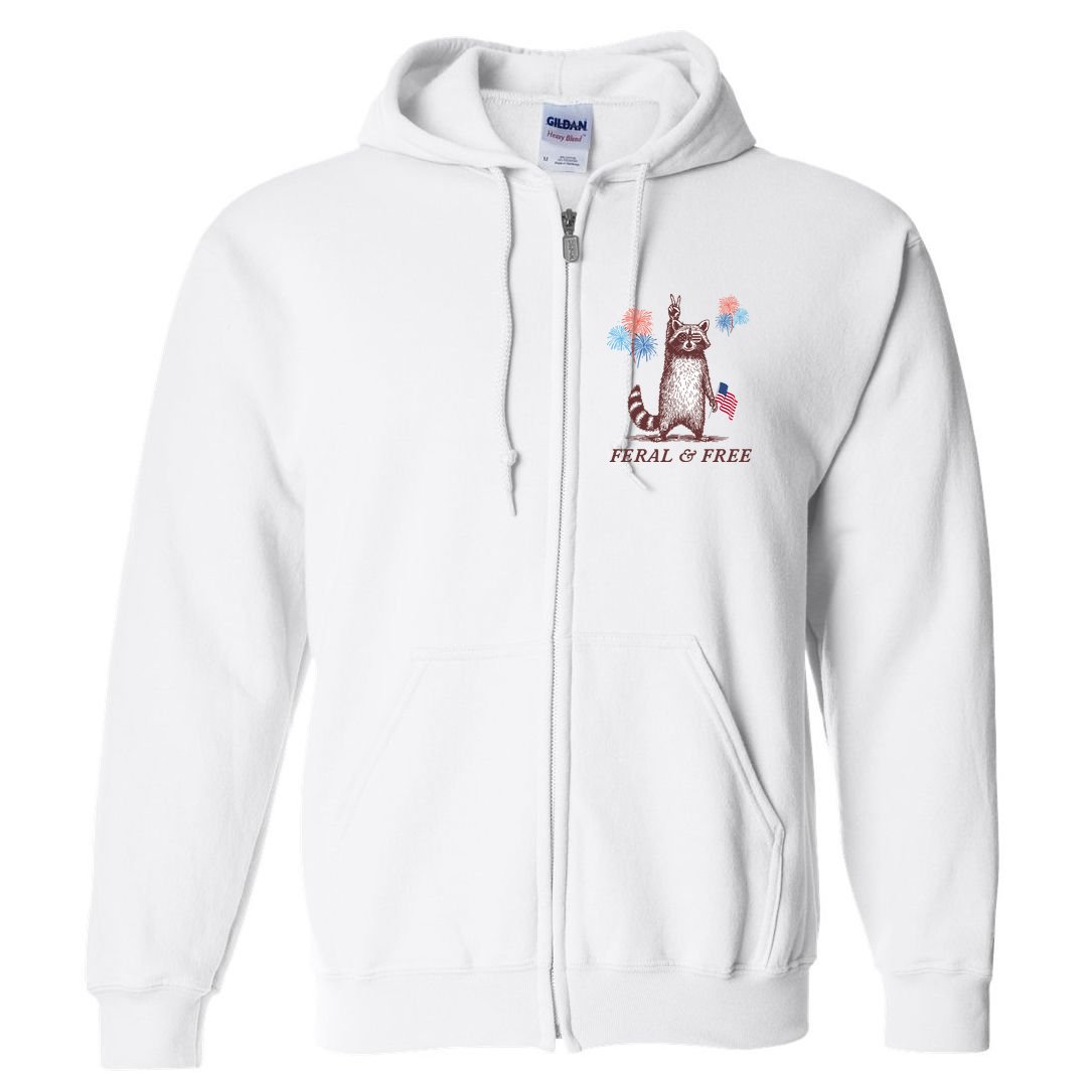 Feral & Free Funny Patriotic Racoon 4th July  Full Zip Hoodie
