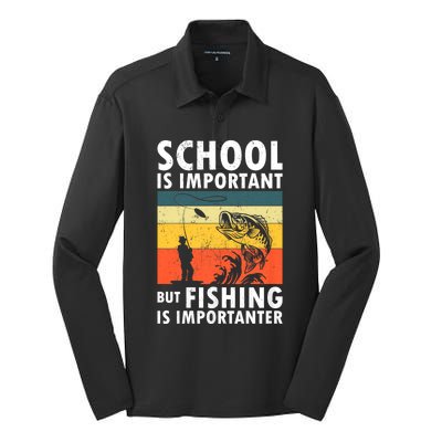 Funny Fishing Fisherman Lover School Is Important But Fishing Is Importanter Silk Touch Performance Long Sleeve Polo