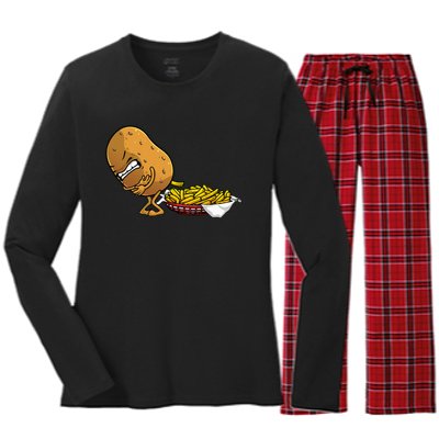 Funny French Fries Designs For  Potato Food Eaters Women's Long Sleeve Flannel Pajama Set 