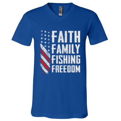 Faith Family Fishing Freedom Funny Bass Fisher Gift V-Neck T-Shirt