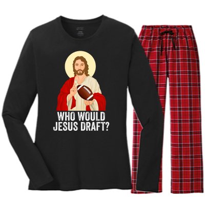 Funny Fantasy Football Who Would Jesus Draft Funny FFL Draft Funny Christians Women's Long Sleeve Flannel Pajama Set 