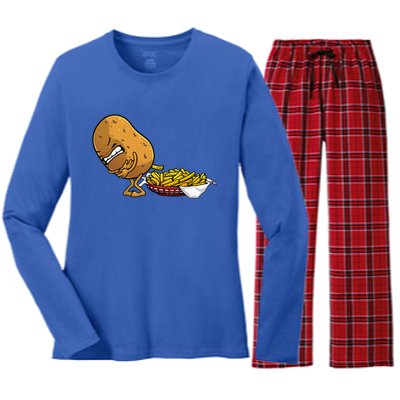 Funny French Fries Designs For Women Potato Food Eaters Women's Long Sleeve Flannel Pajama Set 