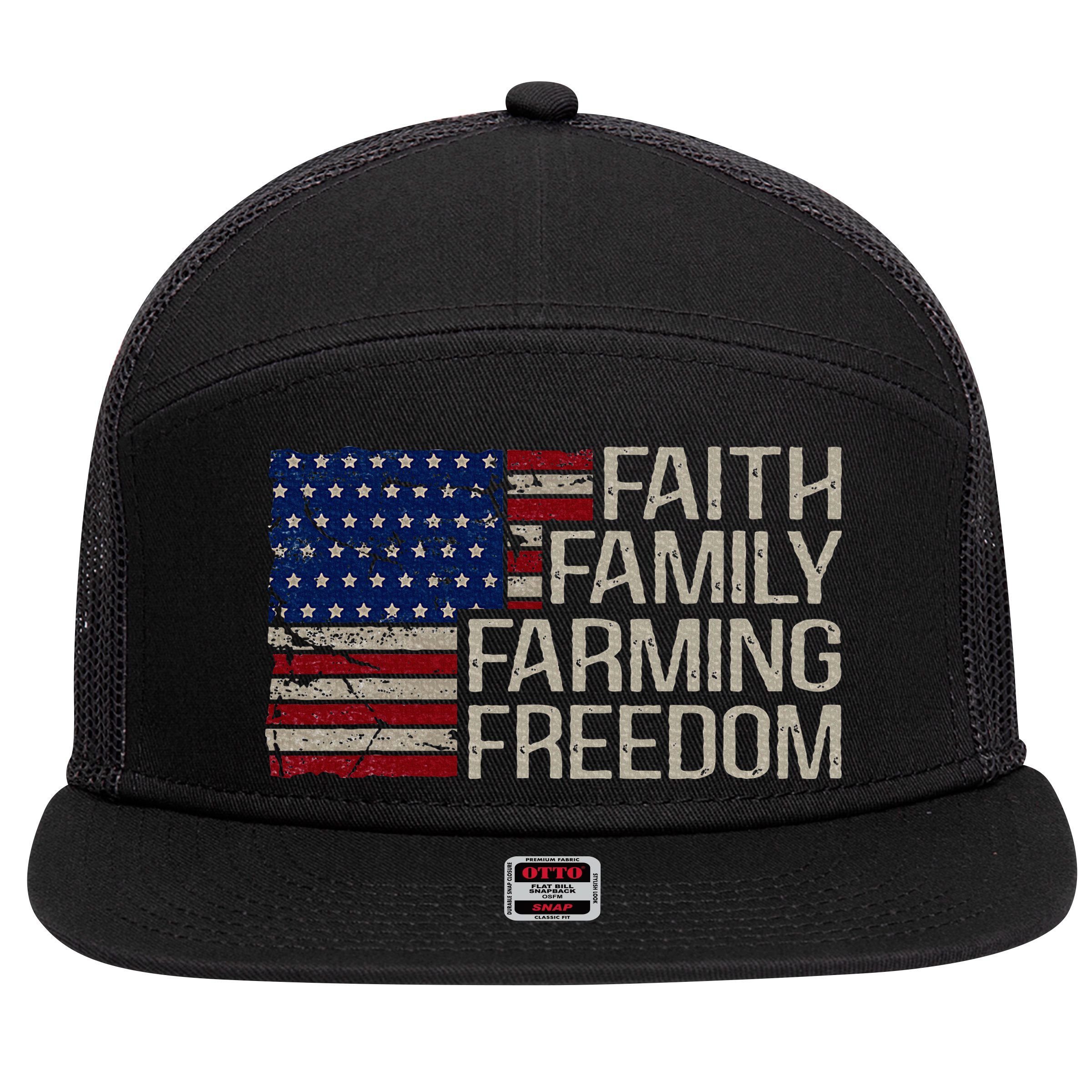 Faith Family Farming Freedom American Flag 4th Of July 7 Panel Mesh Trucker Snapback Hat