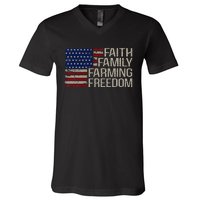 Faith Family Farming Freedom American Flag 4th Of July V-Neck T-Shirt