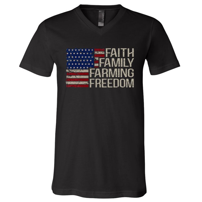 Faith Family Farming Freedom American Flag 4th Of July V-Neck T-Shirt