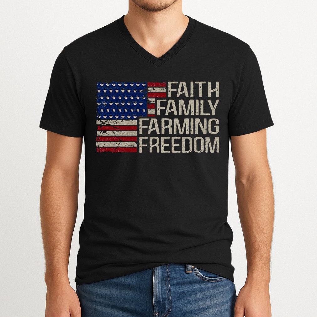 Faith Family Farming Freedom American Flag 4th Of July V-Neck T-Shirt