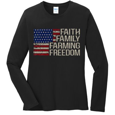 Faith Family Farming Freedom American Flag 4th Of July Ladies Long Sleeve Shirt