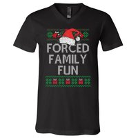 Forced Family Fun Sarcastic Funny Christmas Ugly Xmas V-Neck T-Shirt