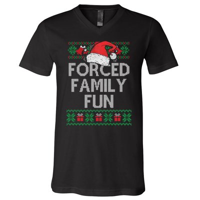 Forced Family Fun Sarcastic Funny Christmas Ugly Xmas V-Neck T-Shirt