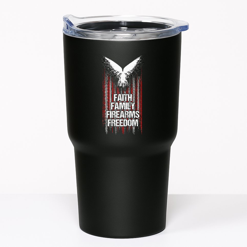Faith Family Firearms & Freedom  American Flag Pro God Guns Tumbler