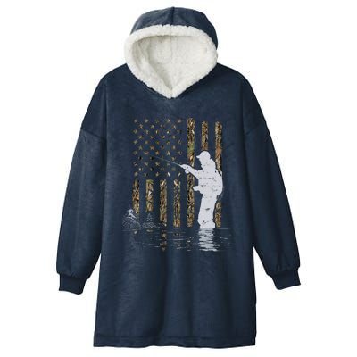 Fly Fishing Fisherman American Flag Camouflage Fly Tying Hooded Wearable Blanket