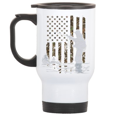 Fly Fishing Fisherman American Flag Camouflage Fly Tying Stainless Steel Travel Mug